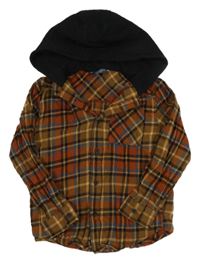 Hnědo-černá kostkovaná košile s teplákovou kapucí Primark