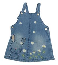 Světlemodré riflové laclové šaty s králíkem a výšivkami květů F&F