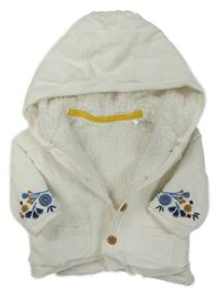 Bílý zateplený propínací svetr s výšivkami květů a kapucí Mothercare