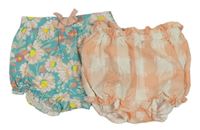2x kalhotky na plenku - tyrkysové květované +  růžovo-smetanové kostkované