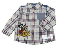 Bílo-modro-červená kostkovaná košile s Mickeym a Plutem Disney