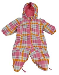 Růžovo-oranžovo-bílo-šedá kostkovaná šusťáková zimní kombinéza s kapucí Lupilu