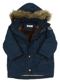 Tmavomodrá šusťáková zimní bunda s kapucí s kožešinou H&M