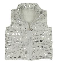 Bílo-stříbrná šusťáková zateplená vesta se srdíčky 