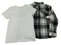 Nové - 2set- černo-bílá kostkovaná flanelová košile+ bílé tričko Nutmeg