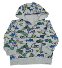 Světlešedá mikina s auty a kapucí Topomini
