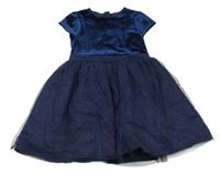 Tmavomodré sametovo/tylové šaty M&S