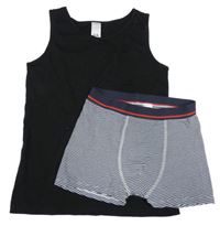 2 set - černé tílko + tmavomodro-bílé pruhované boxerky 