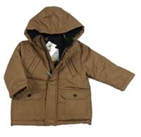 Nové - Hnědá pruhovaná šusťáková zimní bunda s kapucí Topolino