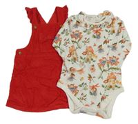 Nové - 2 set - Červená manšestrová laclová sukně + bílé body s kytičkami Next 