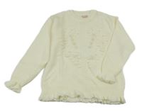 Smetanový pletený svetr se srdíčkem a květy a perlami a volánky