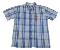 Světlemodro-červená kostkovaná košile s nápisem 