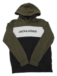 Khaki-bílo-tmavomodrá mikina s kapucí Jack & Jones