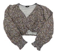 Tmavomodré crop triko s kytičkami OVS