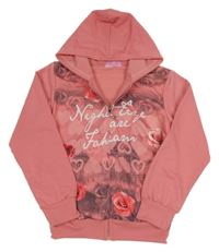 Růžová propínací mikina s květy a kapucí Fu You