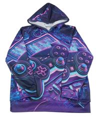 Fialovo-modro-růžová vzorovaná mikina s ovladačem a kapucí 