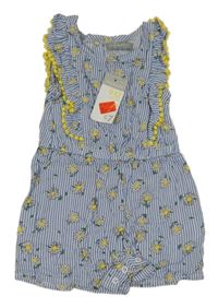 Nové - Modro-bílý pruhovaný kraťasový overal s květy Primark