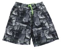 Černo-šedé kostkované plážové kraťasy s palmami Stop+go 