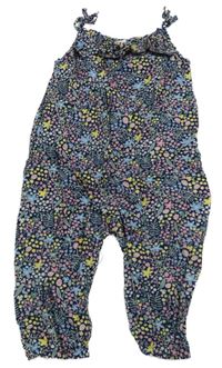Tmavomodré plátěné laclové květované kalhoty H&M