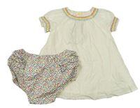2Set - Smetanové puntíkaté šaty s barevnou výšivkou + bílo/barevné kytičkované plátěné kalhotky na plenky s volánky Mothercare