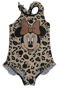 Béžovo-tmavohnědo-pudrovo-černé vzorované jednodílné plavky s Minnie a volánky 