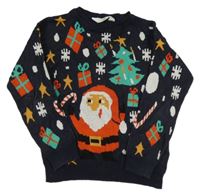 Tmavomodrý vánoční svetr se Santou a stromečkem a dárečky H&M