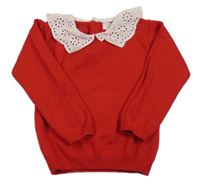 Červený úpletový svetr bílým límečkem s madeirou PRIMARK