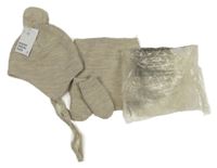 Nové - 3Set - Světlešedo/béžová melírovaná pletená zavazovací čepice s bambulí + nákrčník + rukavice H&M