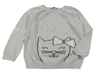 Světlešedý melírovaný svetr s kočičkou a třpytkami George