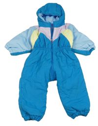 Modro-lila-světlležluto/světlemodrá šusťáková zimní kombinéza s kapucí 