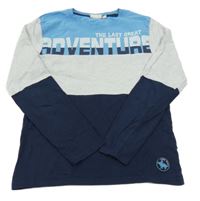 Tmavomodro-světlešedo-modré triko s nápisy a dinosaurem Kids