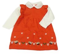 Červeno-bílé úpletové šaty s ptáčky a volánky a límečkem 