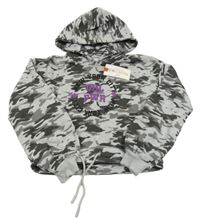 Nové - šedo-černá army crop teplá mikina s nápisy a kapucí THREADGIRLS