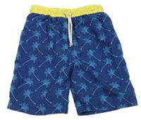 Tmavomodro-žluté plážové kraťasy s palmami