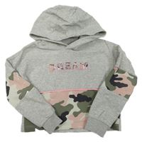 Šedo/melírovano-army crop mikina s nápisem a flitry a kapucí F&F