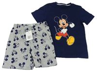 2set - Tmavomodré tričko s Mickeym + šedé melírované bavlněné kraťasy Disney