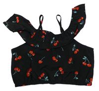 Černá crop halenka s třešněmi a volánem Shein