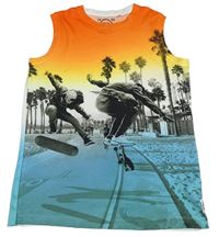 Oranžovo-bílo-modré ombré tílko se skateboardisty a palmami C&A