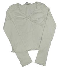 Bílé žebrované crop triko s mašlí H&M