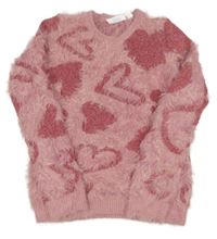Starorůžový chlupatý svetr se srdíčky L&D