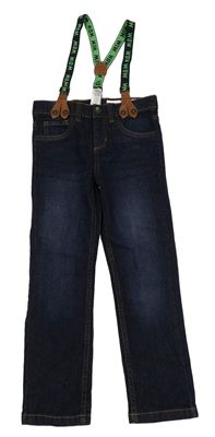 Tmavomodré slim fit rifle s kšandami Lupilu