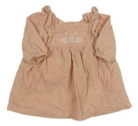 Růžové manšestrové šaty s výšivkami květů a volánky Matalan