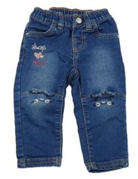 Tmavomodré teplákové rifle s králíky a nápisem Ergee