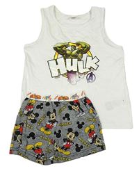 2set - Bílé tílko s Hulkem + šedé melírované boxerky s Mickeym