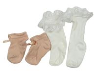 2x ponožky - smetanové s krajkou + růžové s mašlí