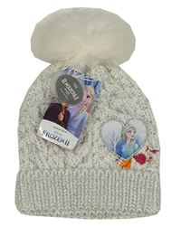 Nové - Bílo-stříbrná pletená čepice s Frozen a bambulí Primark