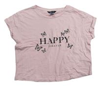 Světlerůžové crop tričko s nápisem a motýlky New Look