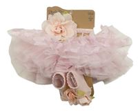 3 set - Světlerůžová tutu sukně s motýlky + čelenka s 3D květem + ponožky s květy 