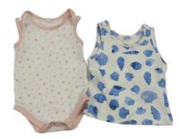 2 set - Bílo-růžové vzorované body + bílý top s modrými mušlemi 