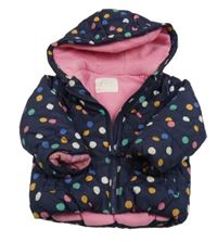 Tmavomodrá šusťáková zateplená bunda s barevnými puntíky a kapucí zn. Mothercare